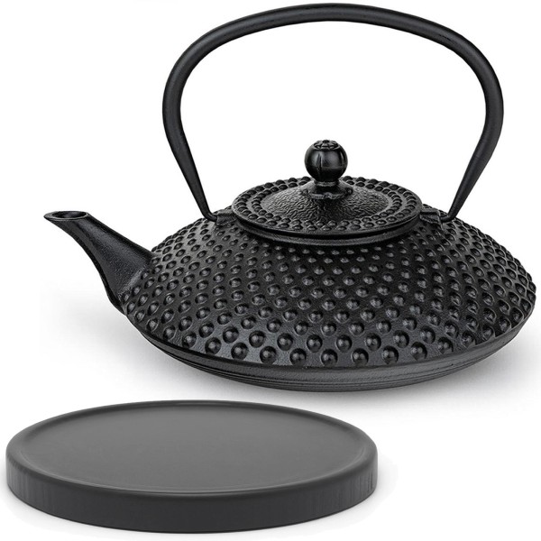 Bredemeijer Teekanne Set 1.25 Liter Gusseisen Induktion schwarze Kanne mit Holz Untersetzer