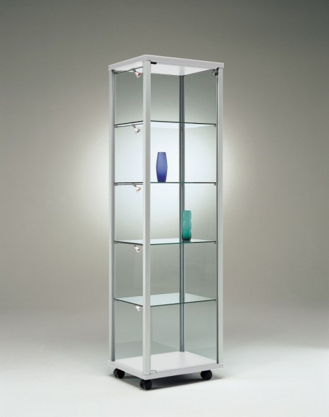 schmale beleuchtete Ausstellungs-Vitrine Sicherheitsglas abschließbar 50 cm mit Glasrückwand / auf Rollen