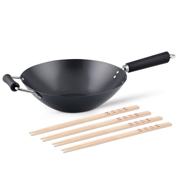 Ken Hom großer Stielwok 31 cm Induktion aus Karbonstahl Antihaft & 8er Stäbchen Set