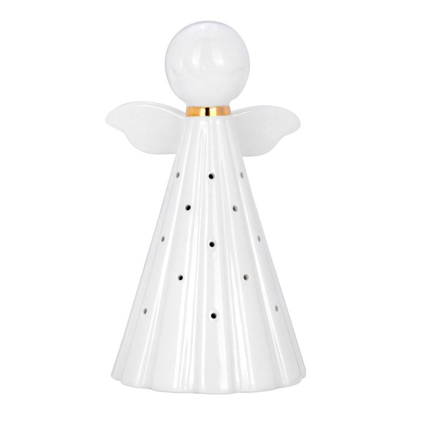 LED Deko Engel-Figur 20 cm aus Keramik stehender weißer Leuchtengel zur Weihnachtszeit