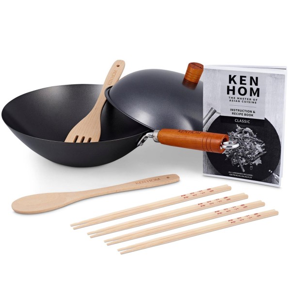 Ken Hom 13-tlg. Stielwok Set 31 cm mit Holzgriff beschichteter Karbonstahl inkl. 8er Stäbchen Set