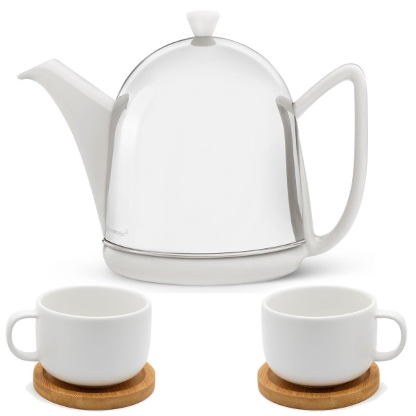 Bredemeijer weiße Teekanne glänzend Keramik Set mit Teetassen inkl. Untersetzer 2