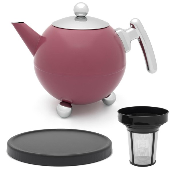 Bredemeijer violette doppelwandige Edelstahl Teekanne 1.2 L Teefilter & schwarzer Holzuntersetzer