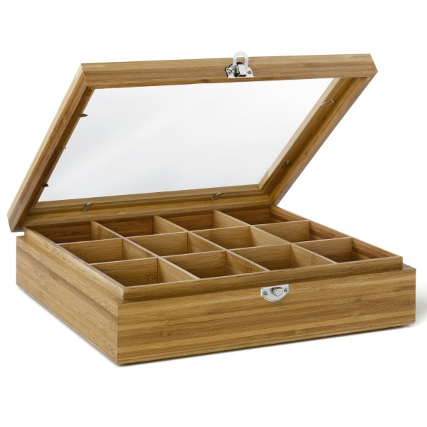 Bredemeijer große helle Holz Teebeutel-Kiste mit 12 Fächer und Sichtfenster 28 cm breit
