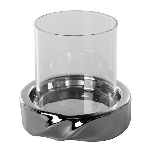 Fink kleines Windlicht mit Glas 11 cm runder Teelichthalter Keramik-Sockel silberfarben - Art.-Nr. 128144