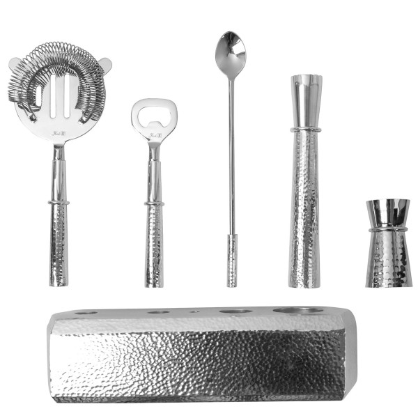 Fink 6-teiliges Bar-Set Aluminium gehämmert Barzubehör im Ständer 26x27 cm - Art.-Nr. 154047