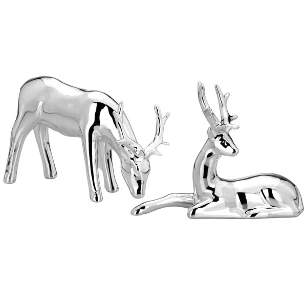 Deko Rentier Paar aus Porzellan liegend & stehend silbern galvanisiertes Figuren Set