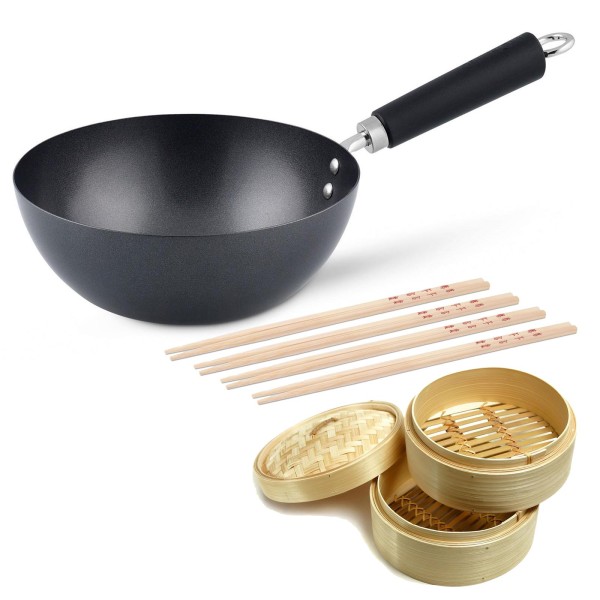 Ken Hom kleiner induktiver Antihaft Wok 20 cm aus Karbonstahl - Set inkl. Zubehör