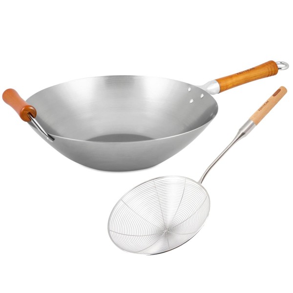 Ken Hom XL Wok Set 36 cm Induktion Karbonstahl mit Buchenholz-Griff & Schaumlöffel