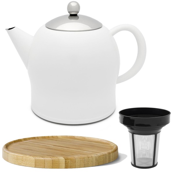 Bredemeijer weiße doppelwandige Edelstahl Teekanne 1.4 L Teefilter & brauner Holzuntersetzer