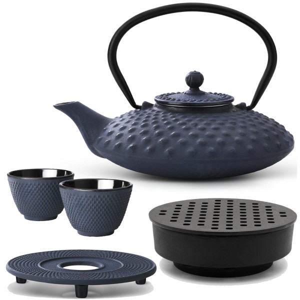 Bredemeijer blaues Asia Gusseisen Teekannen Set 0.8 Liter - Teebereiter mit Stövchen & Untersetzer & Teebecher