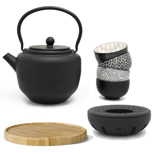 schwarzes asiatisches Guss Teekannen Set 1.3 Liter mit braunem Holzuntersetzer Teewärmer & Becher
