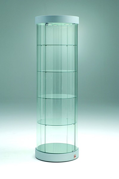 hohe runde moderne Design Glasvitrine mit Schloss Ø 57 cm rollbar - Art.-Nr. PV57-190-mb-3LED-grau