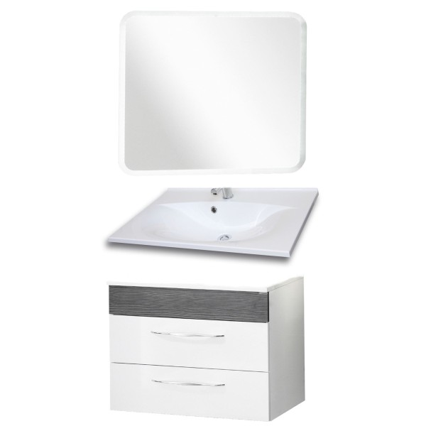 Fackelmann Badmöbel Set Sceno 3-tlg. 80 cm grau weiß inkl. LED Spiegelelement