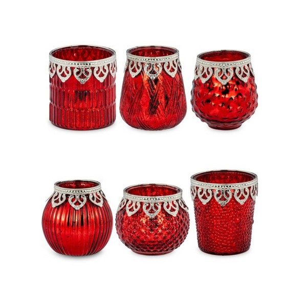 6 teiliges rotes Teelichthalter Set Rand verziert mit Perlen - Art.-Nr. 5334-6ver