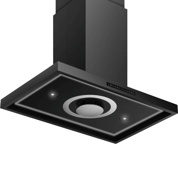 CasoDesign Inselhaube 90 cm schwarz Abluft-Umluft dimmbare Dunstabzugshaube mit Ambiente-Licht