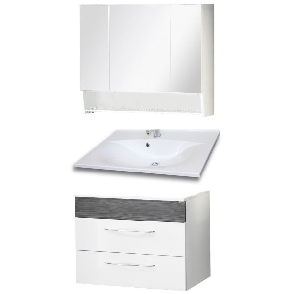 Fackelmann Badmöbel Set Sceno 3-tlg. 80 cm grau weiß inkl. LED Spiegelschrank