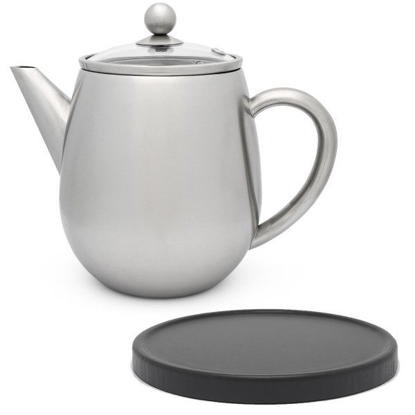 kleine hohe doppelwandige Edelstahl Teekanne 1.1 Liter mit Filtersieb & schwarzer Holzuntersetzer