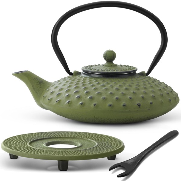 Bredemeijer grüne Asia Teekanne Set aus Gusseisen mit Untersetzer & Deckelheber
