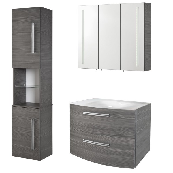 Fackelmann Badmöbel Set 4-tlg. Lugano dunkelgrau Hochschrank & Glasbecken & LED Spiegelschrank