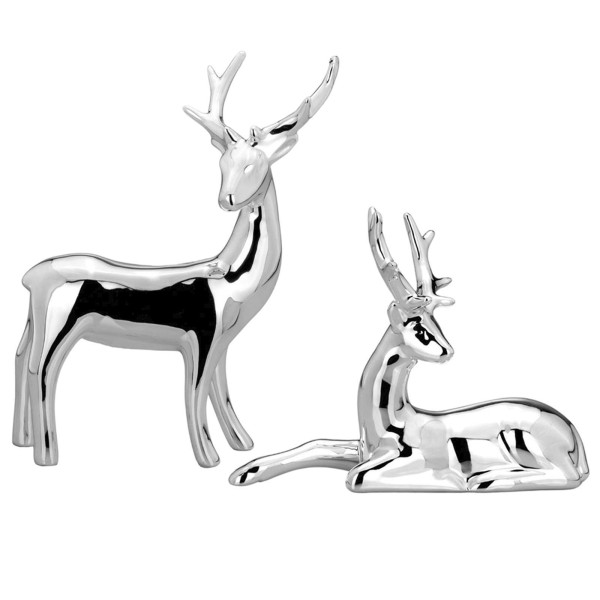 2er Rentier Figuren Set aus Porzellan liegend & stehend Deko Tiere silbern galvanisiert