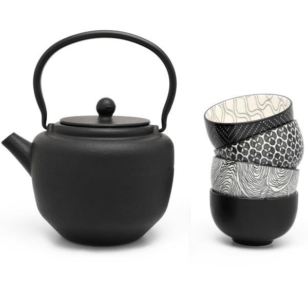 schwarzes asiatisches Guss Teekannen Set 1.3 Liter und 4 Porzellan-Teebecher