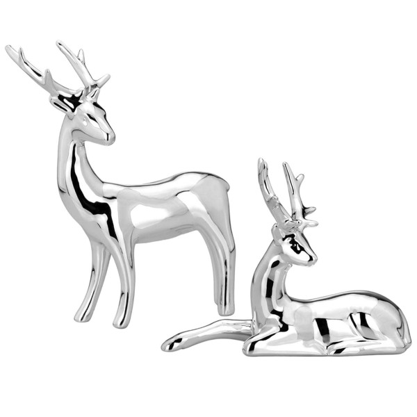 Porzellan Rentier Figuren im 2er Set silberne Deko Tierfiguren liegend & stehend