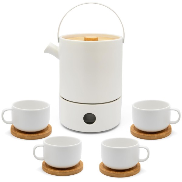 Bredemeijer weißes Keramik Teekannen Set 1.2 L mit Teewärmer & 4 Teetassen
