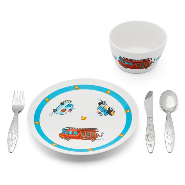 Zilverstad Kindergeschirr Set aus Porzellan für Jungen mit Edelstahl Besteck