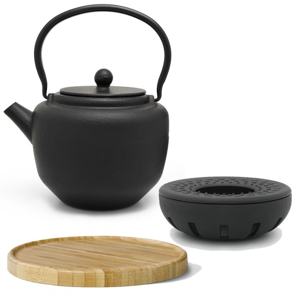 schwarzes asiatisches Guss Teekannen Set 1.3 Liter mit braunem Holzuntersetzer und Teewärmer