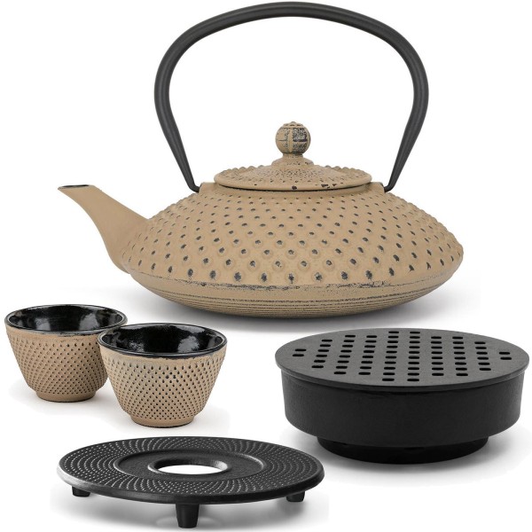 Asia Teekanne Induktion Gusseisen 1.25 L sandfarben Set & 2 Becher Untersetzer & Teewärmer