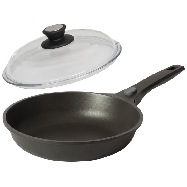 SKK Guss Bratpfanne 26 cm Induktion Pfanne flacher Rand Antihaft Griff abnehmbar Deckel Vollglas