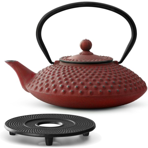 Bredemeijer Guss Teekanne 1250 ml rot Teekannen Set mit Gusseisen Untersetzer & Filter
