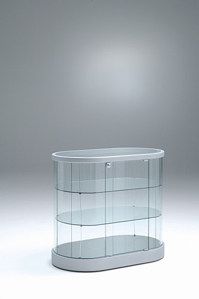 flache ovale moderne Design Glasvitrine Theke mit Schloss 96 x 56 cm rollbar - Art.-Nr. PV96-56 H94-ob-grau