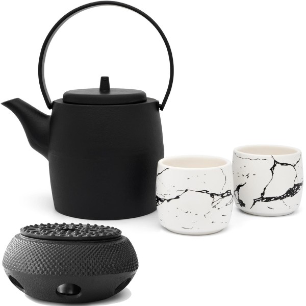 Bredemeijer Guss Teekanne Geschenk Set 1.0 Liter mit Stövchen & 2 Porzellanbecher