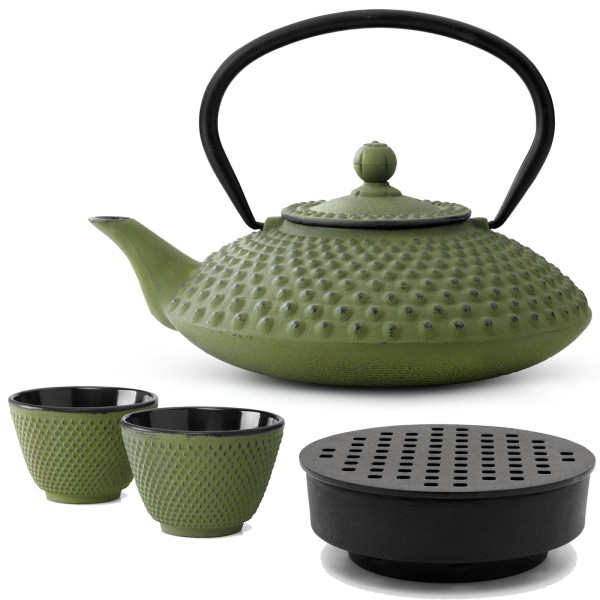 Bredemeijer grünes Gusseisen Teekannen Set 1.25 Liter - asiatischer Teebereiter mit Stövchen & Teebecher