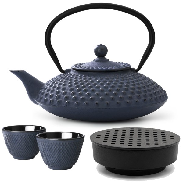 Bredemeijer blaues Gusseisen Teekannen Set 1.25 Liter - asiatischer Teebereiter mit Stövchen & Teebecher