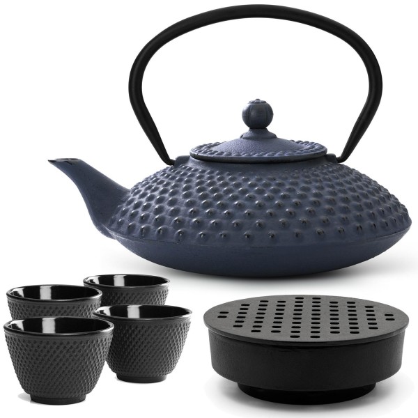 Bredemeijer gusseiserne Teekanne 1250 ml blau Teekannen Set mit Guss Stövchen & 4 Teebecher