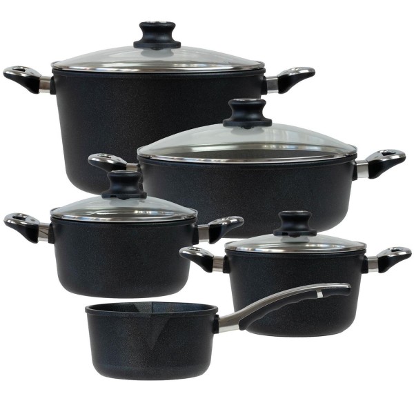 BAF Topfset 9-teilig beschichtet Bratentopf 20 cm + 28 cm Kochtopf 20 cm Gemüsetopf 28 cm & Stieltopf 18 cm