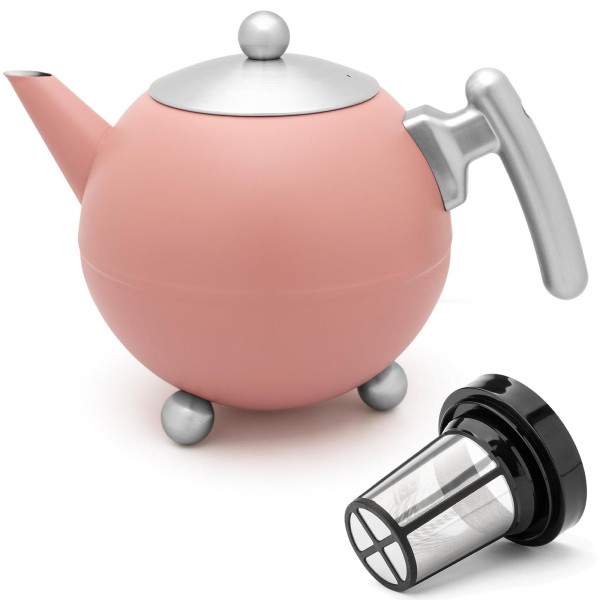 Bredemeijer doppelwandige rosa Edelstahl Teekanne 1.2 Liter mit Teefiltersieb
