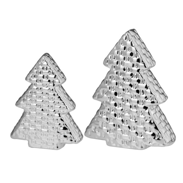Deko Tannenbaum Set 16,5 & 12 cm aus Porzellan silberne Weihnachtsbäume in Glanz-Optik