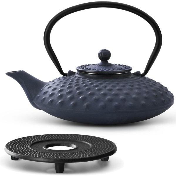 Bredemeijer Guss Teekanne 800 ml blau Teekannen Set mit Gusseisen Untersetzer & Filter