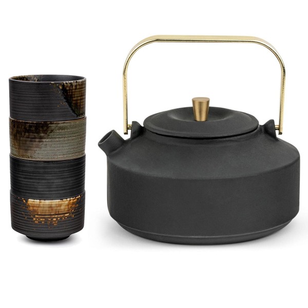 Bredemeijer Gusseisen Teekanne 1,0 Liter schwarz Kanne mit 4 Teebecher & goldfarbenen Henkel