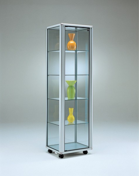 stabile rollbare beleuchtete Alu-Glasvitrine Ausstellung mit Schloss 55 x 45 cm - Art.-Nr. OL5545-mb-r