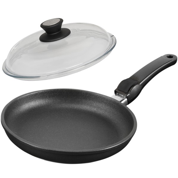 SKK Bratpfanne 20 cm flacher Rand Aluguss Antihaft beschichtet & Griff abnehmbar Deckel Vollglas