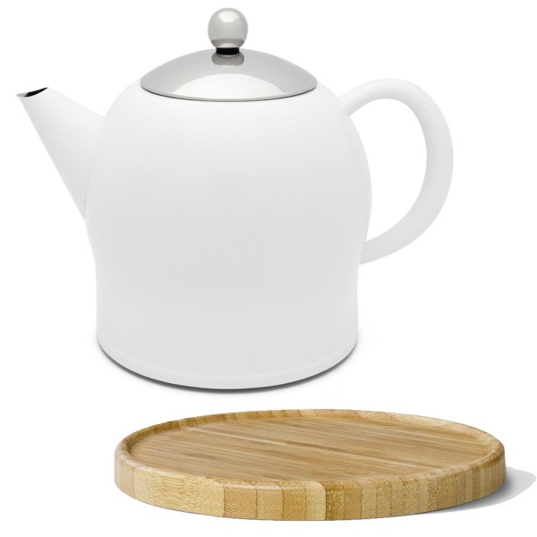 Bredemeijer weiße doppelwandige Edelstahl Teekanne 1.4 L & brauner Holzuntersetzer