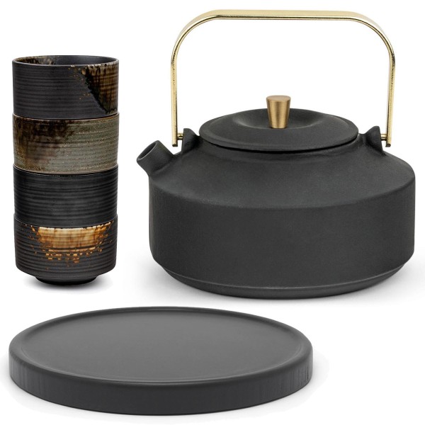 Bredemeijer schwarze Guss Teekanne 1,0 Liter Kanne mit 4 Becher, schwarzem Untersetzer & Teefilter