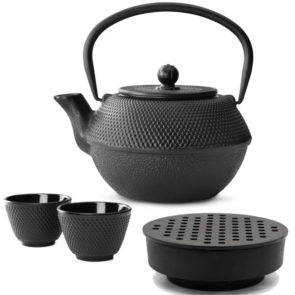 Bredemeijer Gusseisen Teekannen Set 1.1 Liter - asiatischer Teekessel mit Stövchen & Teetassen 2 Stück