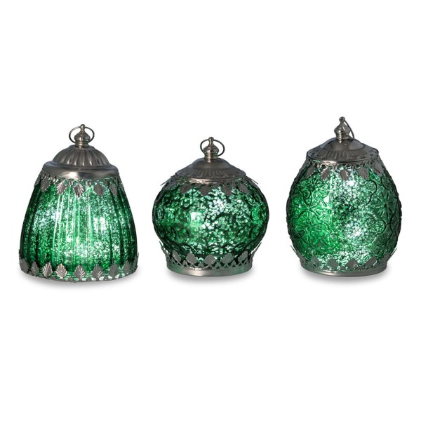 antikes LED Glas Laternen Set grün 3 teilig mit je 5er Lichterkette - Art.-Nr. 5300-3-ver