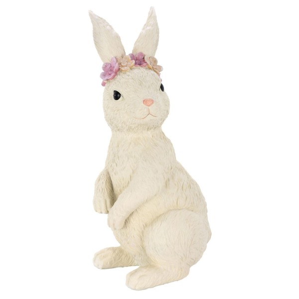 Große Osterhasen Figur 39 cm beige stehendes Kunststein Deko Häschen mit Blumenkranz